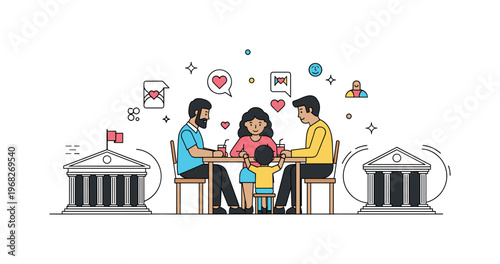 Family gathering storytelling moment concept where family members share stories around a table while tiny sparkle and heart icons highlight connection, love,