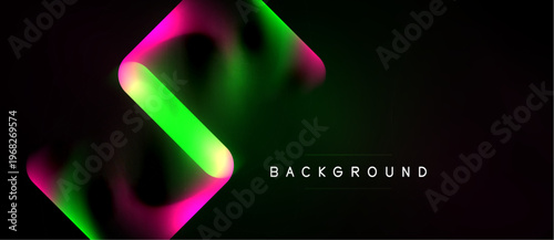 Abstract design features vibrant neon shapes over dark background. Gradient colors create modern visual effect. Minimalist style.
