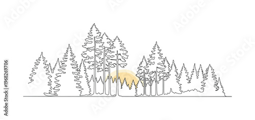 Twilight Forest. Minimalistic one-line drawing tall trees silhouetted against fading light, continuous single black line on white background, simple outline