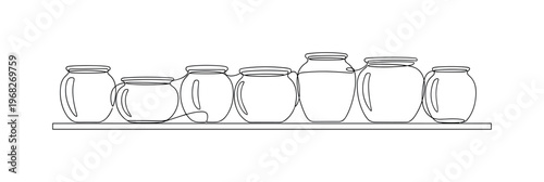 Shelf Display. Minimalistic one-line drawing ceramic pots lined up on shelf, continuous single black line on white background, simple outline style, no