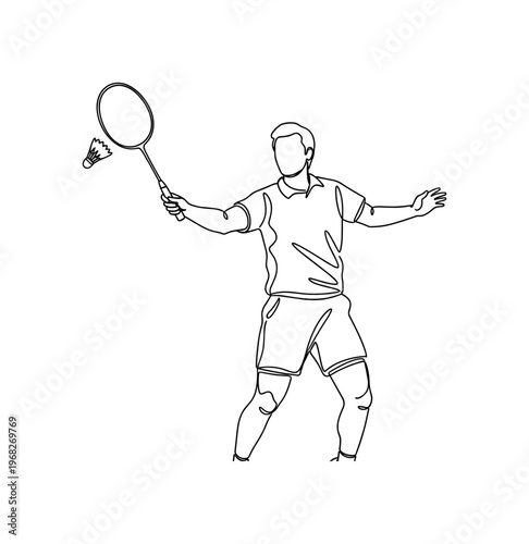 Racquet Action. Minimalistic one-line drawing badminton player hitting shuttlecock with racquet, continuous single black line on white background, simple