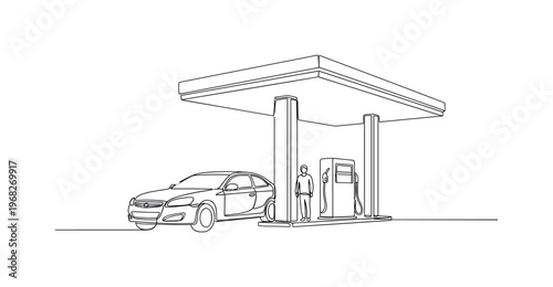 Refueling Station. Minimalistic one-line drawing car next to fuel pump with person, continuous single black line on white background, simple outline style, no