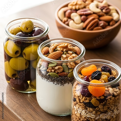 Assorted jars of healthy snacks and trail mix on a rustic wooden surface