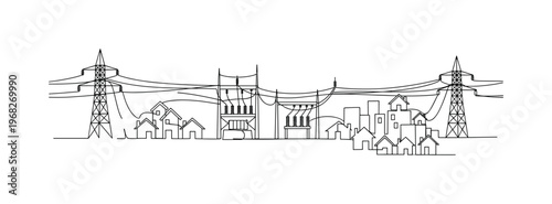 Energy Distribution System. Minimalistic one-line drawing smart grid delivering power efficiently to homes, continuous single black line on white background,