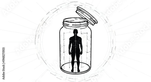 person trapped in a glass jar illustration