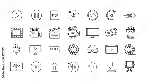 Premium Cinema Icon Set with Film Camera Clapperboard Projector Streaming Vector