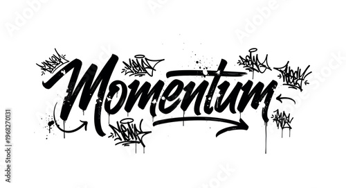 Momentum. lettering and all elements in black. Vector style. AWhite background. Pure white background. Perfect isolation and visual consistency. Dynamic