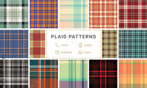 High contrast plaid pattern advertising visuals. Strong tartan geometry commands attention quickly. Vector scalability enables impact.