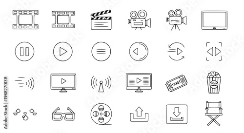 Minimal Cinema Outline Icons with Film Camera Clapperboard Movie Vector
