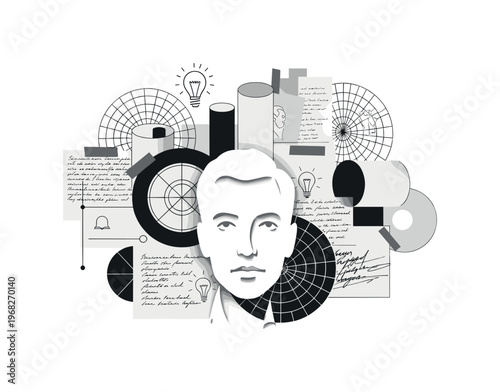 story development abstract cylinders circular grids and minimal lightbulb icons vintage monochrome author brainstorming plot points with notes and sketches