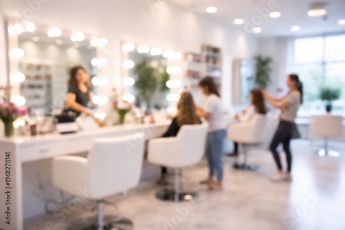 blurred beauty salon interior background hair makeup studio mirrors lights women stylists working defocused abstract backdrop