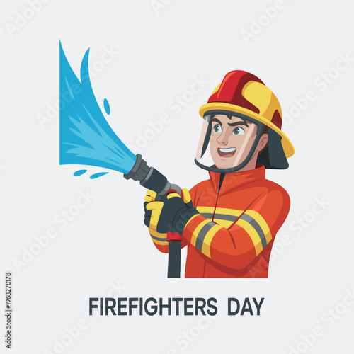 International Firefighters Day Illustration with Firefighter Spraying Water Hose – Emergency Service Hero Concept