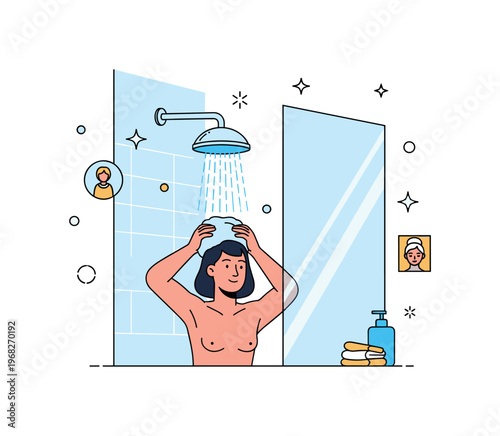 Taking a shower modern glass shower concept where a person enjoys a warm stream in a minimalist bathroom while tiny sparkle and star icons highlight comfort,