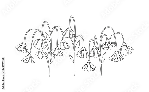 Drooping Garden Scene. Minimalistic one-line drawing multiple flowers bending and drooping across garden, continuous single black line on white background,