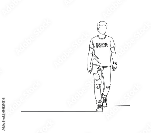City Walk Music Fan. Minimalistic one-line drawing individual in band tee and casual outfit walking down street, continuous single black line on