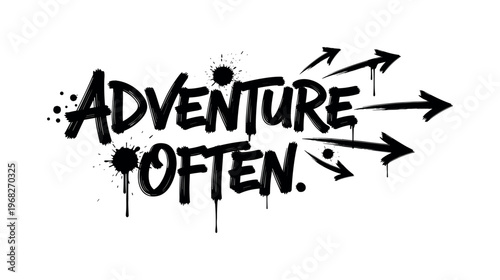Adventure Often. lettering and all elements in black. Vector style. AWhite background. Pure white background. Perfect isolation and visual consistency. Dynamic