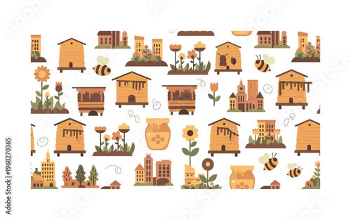 hive garden motifs seamless pattern, repeating pattern, surface design, textile print, modern illustration of beehives, bees, gardens, flowers, rooftops, honey