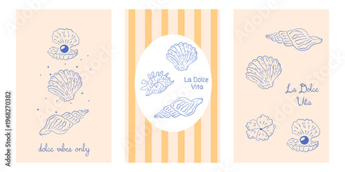 Hand draw la dolce vita vintage posters. Summer Italy. Amalfi. Vacation vector illustrations in ink line doodle sketch style postage stamps with image. Chalk style drawing for poster, placard, print