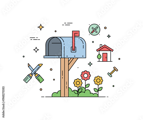 Replacing the mailbox outdoor spring maintenance scene where a new mailbox is installed with flowers in the yard while small sparkle and line icons emphasize