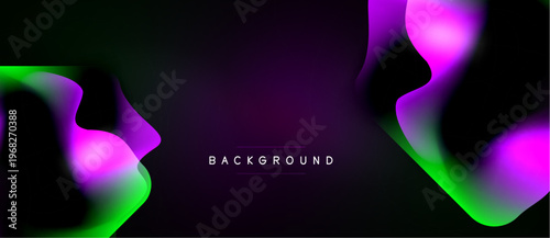 Abstract fluid shapes, vibrant purple, green hues. Dark background creates dramatic visual effect. Modern design element.