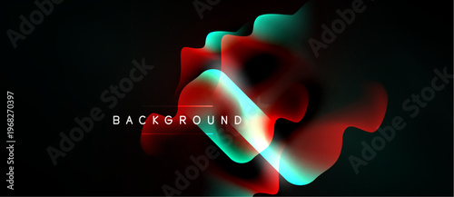 Dark background features vibrant fluid shapes. Red, teal, white colors blend creating abstract design. Text reads BACKGROUND.