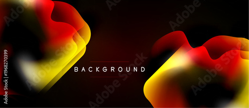 Abstract fluid shapes, vibrant colors blend. Red, yellow, black create dynamic background. Modern design, smooth gradients present.