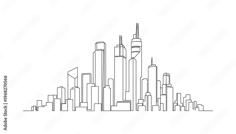 Fototapeta premium Skyscraper Line. Minimalistic one-line drawing tall buildings aligned as city skyline, continuous single black line on white background, simple outline style,