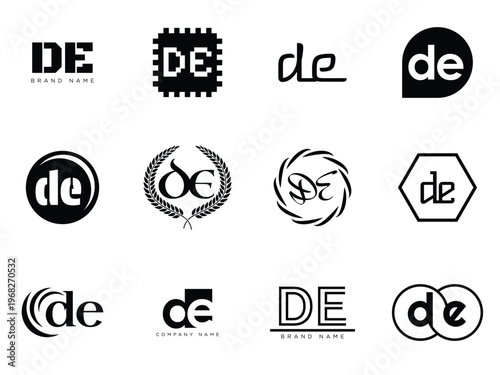 DE logo company template. Letter d and e logotype. Set different classic serif lettering and modern bold text with design elements. Initial font typography.