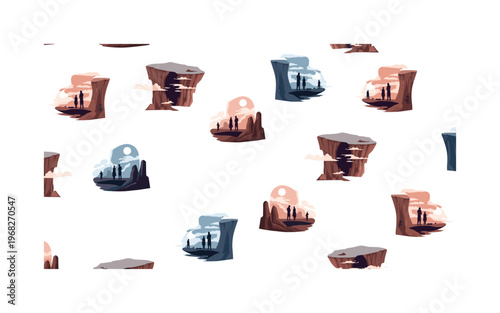 staring motifs seamless pattern, repeating pattern, surface design, textile print, modern illustration of cliffs, swirling mist, deep voids, abstract shapes