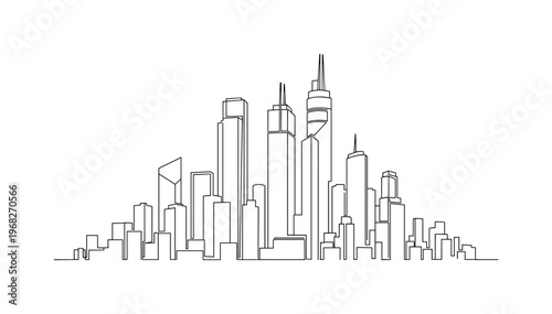 Skyscraper Line. Minimalistic one-line drawing tall buildings aligned as city skyline, continuous single black line on white background, simple outline style,
