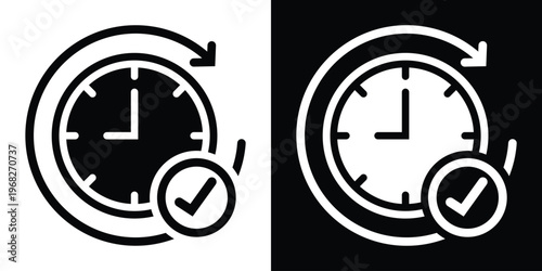 Time completion icon featuring a clock with a circular arrow and checkmark. Symbolizes successful task scheduling, deadline met, or recurring event confirmation in a clean vector style.