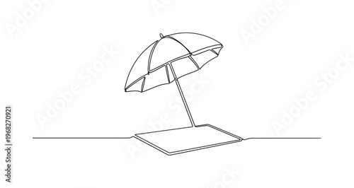 Coastal Leisure. Minimalistic one-line drawing umbrella casting shade on beach mat, continuous single black line on white background, simple outline style, no
