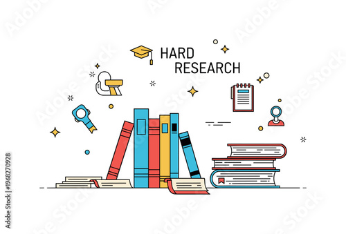 Hardcover book library research concept where hardcover books are arranged on a table with notes while small sparkle and line icons emphasize scholarship,
