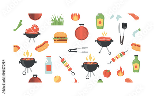 summer BBQ motifs seamless pattern, repeating pattern, surface design, textile print, modern illustration of grills, steaks, vegetables, burgers, hot dogs,