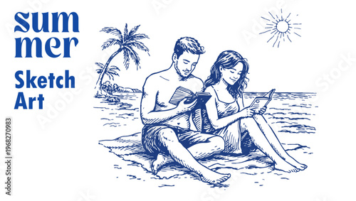 Tableau sur toile Vintage summer sketch art of couple reading books on beach, hand drawn blue ink