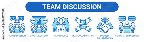 Team Discussion web banner icon vector illustration concept with icons of team discussion, group discussion, team huddle, team collaboration, business collaboration, and corporate discussion.