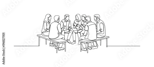 Team Discussion Outdoors. Minimalistic one-line drawing group sitting on benches talking and sharing ideas, continuous single black line on white background,