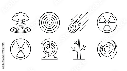 A comprehensive set of linear icons illustrating global catastrophic events and environmental hazards, depicting natural disasters, nuclear threats, and widespread destruction