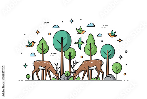 Forest animals morning forest scene where deer graze and birds flutter among trees while small sparkle and line icons highlight calm, natural beauty, and