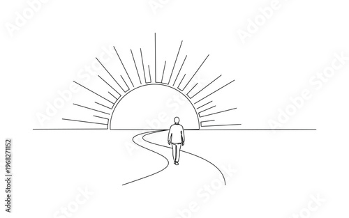 Spiritual Journey Scene. Minimalistic one-line drawing person on path with rising sun or moon, continuous single black line on white background, simple outline