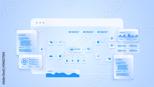 AI workflow automation artificial intelligence. ai agent network diagram dashboard machine learning architecture data pipelines, coding panels, analytics panels and automation system.