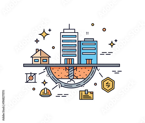 Foundation structural engineering concept where the base of a commercial building is reinforced while small sparkle and line icons highlight stability, design,