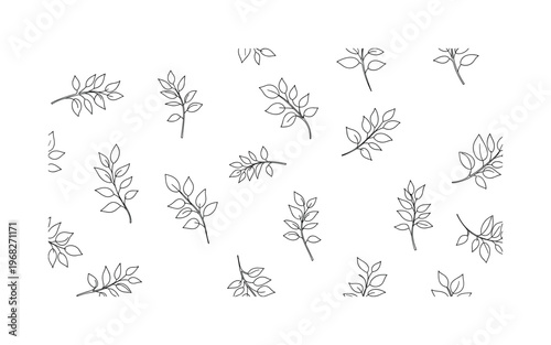 Spring Leaves Pattern. Minimalistic one-line drawing delicate leaves and twigs creating repeating pattern, continuous single black line on white background,