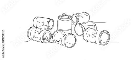 Discarded Containers. Minimalistic one-line drawing empty rusty cans lying on surface, continuous single black line on white background, simple outline style,