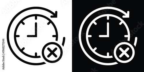 Time failure or cancellation icon showing a clock with a circular arrow and an "X" mark. Ideal for representing missed deadlines, expired time, or cancelled recurring appointments.