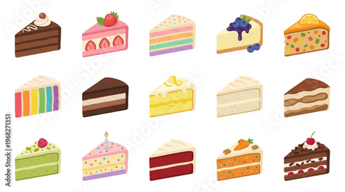 A delightful collection of colorful and appetizing dessert slices, featuring a variety of flavors and toppings for a sweet treat experience