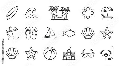 Collection of Summer and Beach Vacation Line Icons Essential Vector Elements for Travel and Holiday Designs, Featuring Sun, Sand, and Sea Symbols