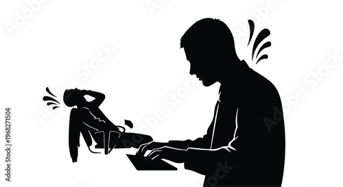 silhouette frustrated man with laptop and annoyed child