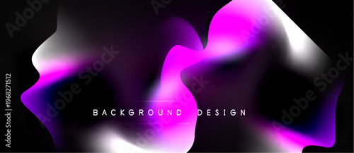 Abstract fluid shapes blend purple, pink, white hues. Dynamic composition creates modern background design. Minimalist aesthetic, dark space surrounds vibrant forms.