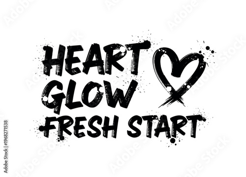 Heart Glow Fresh Start. lettering and all elements in black. Vector style. AWhite background. Pure white background. Perfect isolation and visual consistency.